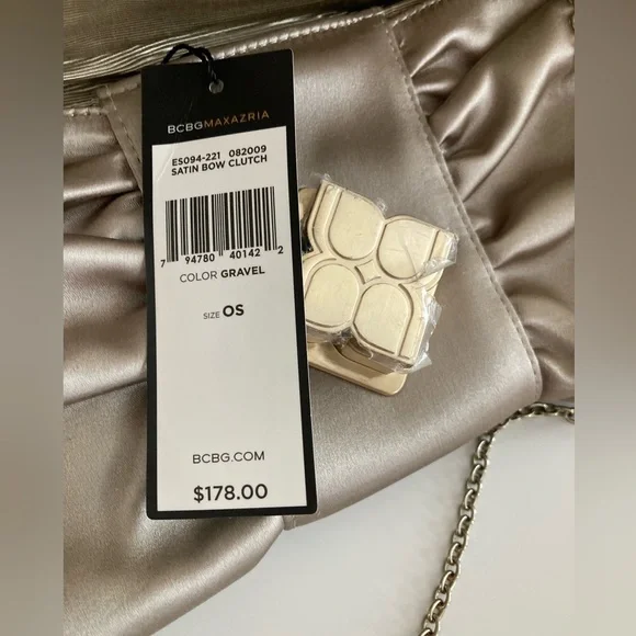 NWT BCBGMaxazria BCBG Satin Bow Clutch Purse Handbag Bag Gravel White Gold Y2K - Picture 7 of 9